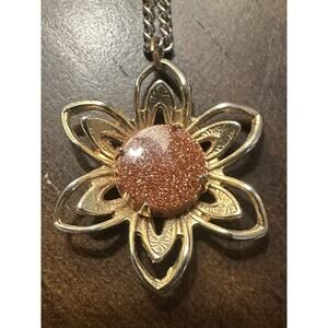 Vintage Goldstone Necklace Gold Tone Flower Shape